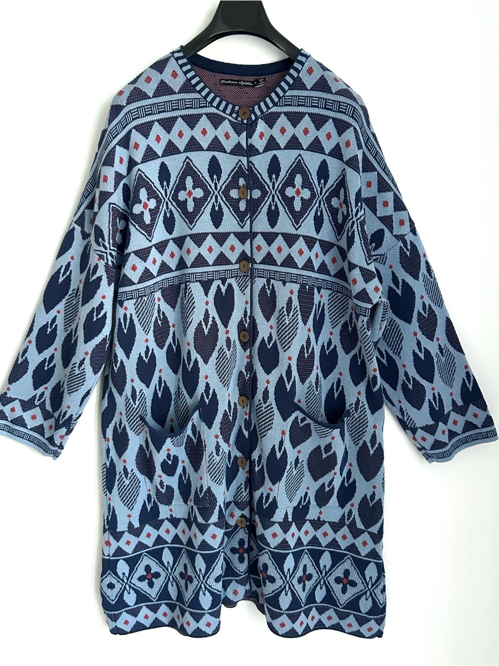 Gudrun Sjoden Blue Floral Knit Long Cardigan, 100% Organic Cotton, Size XL